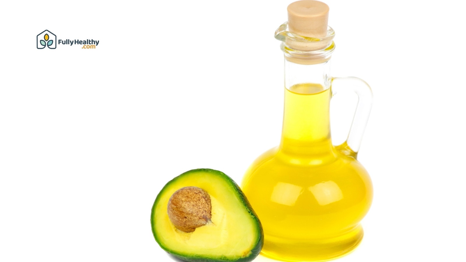 Glass bottle of avocado oil beside a fresh avocado on white background