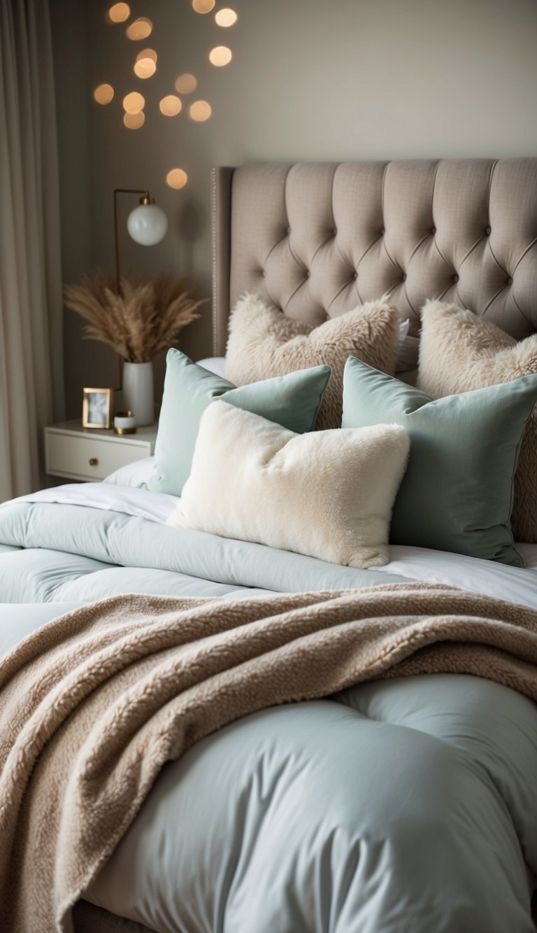 A plush comforter rests atop a soft, layered bed with fluffy pillows and a warm throw blanket, creating a cozy bedroom retreat