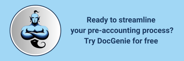 A flat digital illustration shows a clean, professional workspace with cloud icons, financial documents, and a glowing "Start" button symbolizing automation. The design highlights the transition from manual to automated workflows, reinforcing DocGenie’s value in streamlining pre-accounting. Brand colors and minimal elements convey clarity and forward momentum.