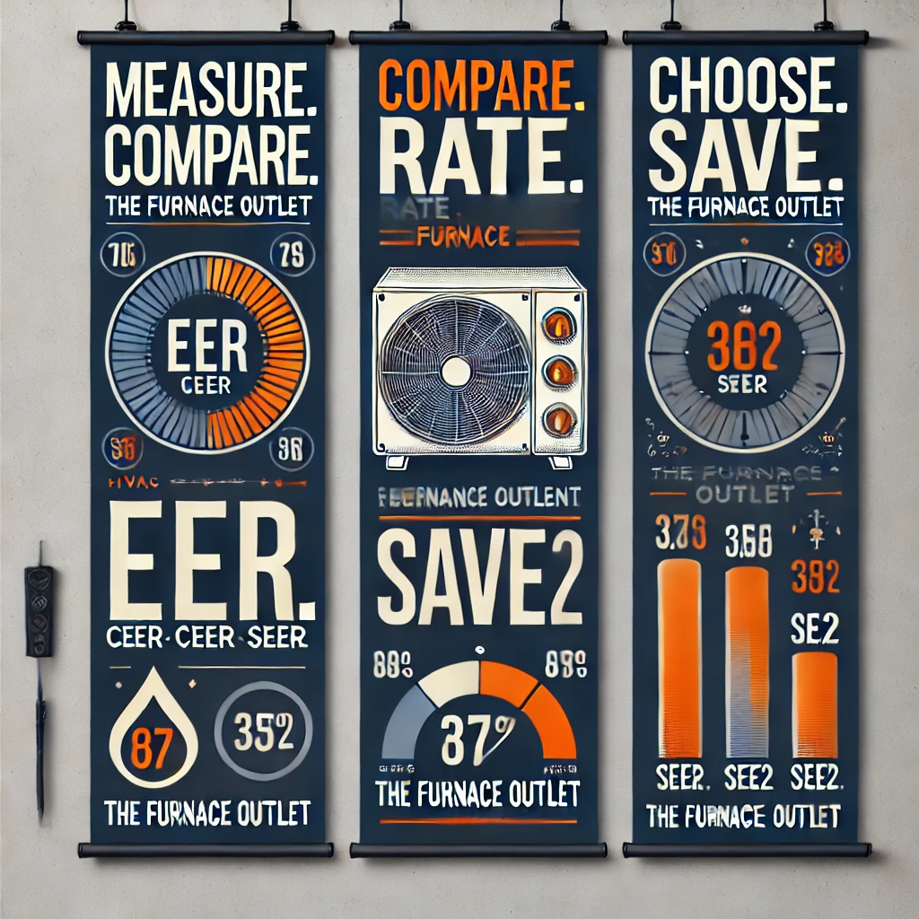 Split-image showing window and wall air conditioner units with airflow graphics, branded in navy, orange, and gray; text reads “Compare. Save. Cool. Smart. Efficient.” and logo “The Furnace Outlet