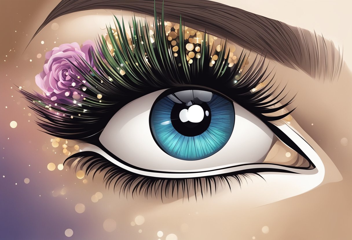 A beautifully decorated eye with long, voluminous lashes stands out against a backdrop of elegant prom and formal event decor