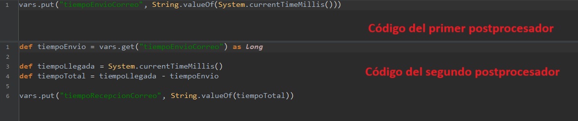 Código generado con lenguaje Groovy en postprocesadores JSR223 Sampler para calcular el intervalo que toma la captura del código.