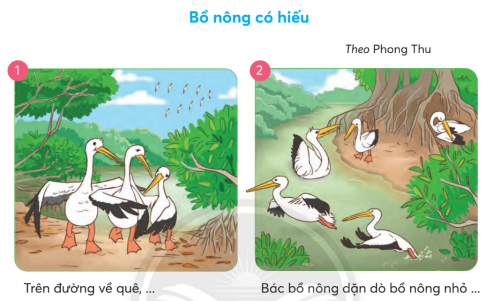 CHỦ ĐỀ 4: THIÊN NHIÊN KÌ THÚBÀI 4: MÙA XUÂN ĐÃ VỀKHỞI ĐỘNGTrao đổi với bạn về mùa em thích theo gợi ý:Giải nhanh:Mùa xuân: không khí mát mẻ, cây cối đâm chồi nảy lộc, gia đình sum vầy.…KHÁM PHÁ VÀ LUYỆN TẬP1) Đọc và trả lời câu hỏi:Câu 1: Những hình ảnh nào được tác giả dùng để tả cảnh bầu trời mùa xuân?Câu 2: Tìm từ ngữ tả vẻ đẹp của mỗi sự vật trong đoạn 2.Câu 3: Chim sơn ca, đàn sếu, ngỗng trời được miêu tả Câu 4: Đám trẻ nhỏ, tốp phụ nữ và bác nông dân làm gì khi mùa xuân đến?Câu 5: Vì sao mọi người, mọi vật đều vui mừng, hớn hở?Giải nhanh:Câu 1: Sương mù tan dần.Bầu trời quang đãng.Mùa xuân thực sự hiện ra Câu 2: Cỏ non: Cỏ non như những chiếc kim đâm tua tủa trên mặt đấtNhững chồi cây:  sực nức mùi hương, căng phồng nhựaNhững cây liễu: tắm trong ánh nắng vàng tươiĐồng cỏ:  đồng cỏ nhung tơCâu 3: Đàn chim sơn ca cất tiếng hót thánh thót.Tít trên trời xanh, đàn sếu và ngỗng trời đang sải cánh bay. Chúng cất tiếng kêu mừng xuân.Câu 4: Lũ trẻ nhanh nhẹn chạy dọc theo con đường nhỏ. Tiếng nói vui vẻ của tốp phụ nữ vang lên bên bờ đầm, nơi họ đang giặt vải. Và tiếng rìu của bác nông dân đang chữa lại cày bừa vang lên trong các sân nhàCâu 5: Vì mùa xuân đã thực sự về.2) Nói 1 - 2 câu có hình ảnh so sánh về một sự vật trong bài đọc.Giải nhanh:Đàn sếu và ngỗng đang sải cánh bay như chở mùa xuân về trên xóm làng yên bình.1) Nghe kể chuyện.2) Kể từng đoạn của câu chuyện theo tranh và từ ngữ gợi ý dưới tranh.Giải nhanh:Trên đường về quê chẳng may mẹ con bồ nông gặp nạnBác Bồ Nông dặn dò Bồ Nông nhỏ mọi việc cần thiết trong khi chăm sóc mẹ...Bồ Nông con hết dắt mẹ tìm nơi mát mẻ, lại mò mẫm đi kiếm mồi. Đêm đêm, khi gió thổi hiu hiu, chú Bồ Nông nhỏ bé một thân một mình ra đống xúc tép, xúc cá...Mỏ của Bồ Nôn xưa vốn gọn ghẽ, nay chảy sệ xuống giống hệt cái túi.Lòng hiếu thảo của chú Bồ Nông đã làm cho tất cả các chú Bồ Nông khác cảm phục và noi theo.3) Kể lại toàn bộ câu chuyện.Giải nhanh: HS kể lại câu chuyện theo nội dung tranh4) Kể lại đoạn truyện em thích bằng lời của chú bồ nông nhỏ.Giải nhanh: Thế là chỉ còn hai mẹ con tôi ở lại nơi nắng bỏng cát trong này. Tôi hết dắt mẹ đi tìm nơi mát mẻ, lại mò mẫm đi kiếm mồi. Đêm đêm, khi gió gợn hiu hiu, tôi nhỏ bé một thân một mình ra đồng xúc tép, xúc cá. Đôi chân khẳng khiu của tôi vốn đã dài, giờ càng dài thêm ra vì lặn lội.  Trên đồng nẻ, dưới ao khô, cua cá chết gần hết. Mặt sông chỉ còn xăm xắp, xơ xác rong bèo. Bắt được con mồi nào, tôi cũng ngậm vào miệng để phần mẹ. Ngày này tiếp ngày nọ, đêm nay rồi đêm nữa, tôi cứ dùng miệng làm cái túi đựng thức ăn nuôi mẹ qua trọn mùa hè sang mùa thu.Lòng hiếu thảo của tôi đã làm cho tất cả các chú Bồ Nông khác cảm phục và noi theo.1)Nói về một đồ vật em thường dùng khi đi học hoặc khi đi tham quan, du lịch.Giải nhanh: Khi đi tham quan món đồ không thể thiếu đối với em giữa thời tiết nắng nóng là chiếc mũ lưỡi trai. Nó được làm bằng vải thô rất dày dặn. Phía sau mũ có quai cài có thể điều chỉnh độ rộng. Em luôn mang theo chiếc mũ khi đi học. Khi trời nắng, em lại lấy mũ ra đội. Em rất thích chiếc mũ của mình.2) Viết đoạn văn ngắn (từ 7 đến 9 câu) tả một đồ vật em thường dùng khi đi học hoặc khi đi tham quan, du lịch.Giải nhanh: Chiếc ba lô là một đồ vật không thể nào thiếu khi em đi du lịch cùng gia đình. Chiếc ba lô bằng vải bạt màu xanh da trời nhãn hiệu “Thủ đô vàng”. Ba lô có chiều dài 35 cm, chiều rộng 15 cm, chiều cao 40 cm.  Ở phía trước của ba lô có in hình logo thương hiệu “thủ đô vàng” bằng kim loại rất đẹp. Ở phía trước của ba lô có một ngăn túi nhỏ có khóa. Ngăn nhỏ này được em dùng để đựng khẩu trang và các đồ dùng cá nhân khác. Ở phần trên cùng của có quai xách màu đen để em có thể xách đi dễ dàng. Mặt sau của balo có hai quai màu xanh, có lót xốp rất mềm giúp em có thể đeo ba lô lâu mà không hề đau mỏi. Điều đặc biệt là hai quai này có thể điều chỉnh dài, ngắn theo sở thích, chiều cao. Dù vậy, sau này em có cao hơn nữa vẫn có thể đeo vừa chiếc balo này. Ba lô được khóa cẩn thận bởi một khóa nhựa màu xanh rất chắc chắn. Khi mở chiếc khóa này ra, sẽ nhìn thấy hai ngăn vô cùng rộng rãi. Một ngăn được em dùng để quần áo, một ngăn em để dụng cụ cần khi đi xa. Hai ngăn ba lô được ngăn cách bởi một tấm vải có lót xốp rất chắc chắn. Chiếc ba lô là người bạn thân thiết và là bạn đồng hành của em khi em đi xa nên em giữ gìn nó rất cẩn thận.3) Trao đổi với bạn:a. Những điều em học được ở bài viết của bạn:Giải nhanh:Bài văn hay, chữ viết đẹp, hình ảnh sinh động…b. Những nội dung em có thể điều chỉnh ở bài viết của mình:Giải nhanh: Viết bài chú ý sạch đẹp hơnHình ảnh sử dụng cần sinh động hơnVẬN DỤNG