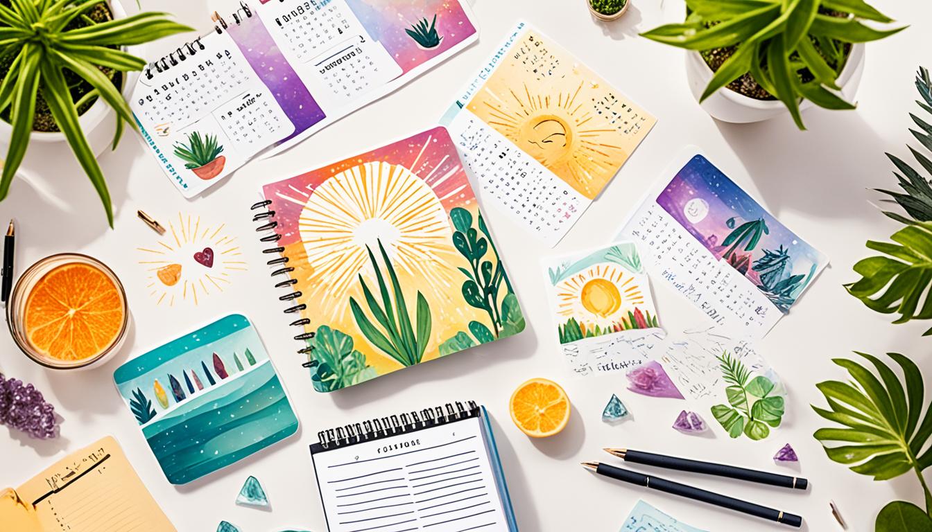 An image of a person sitting at a desk with a calendar and notebook, surrounded by plants and crystals. They are writing down affirmations and setting intentions for manifesting their crush's affection. In the background, there is a vision board with pictures of happy couples and romantic activities. The person is also meditating and visualizing positive outcomes. Show rays of light shining down on the person, indicating the alignment of their actions with the universe's energy.