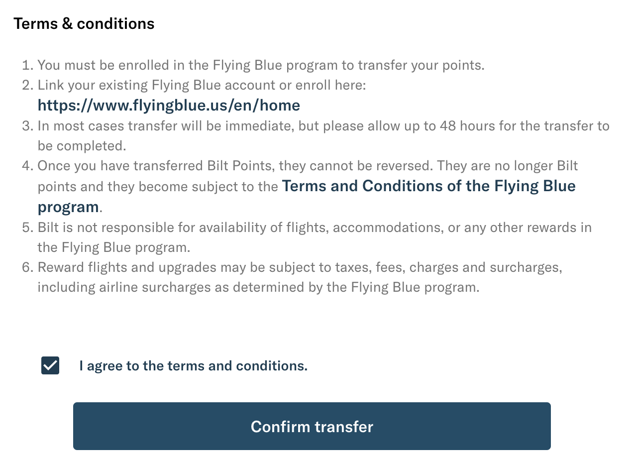 screenshot of bilt terms and conditions