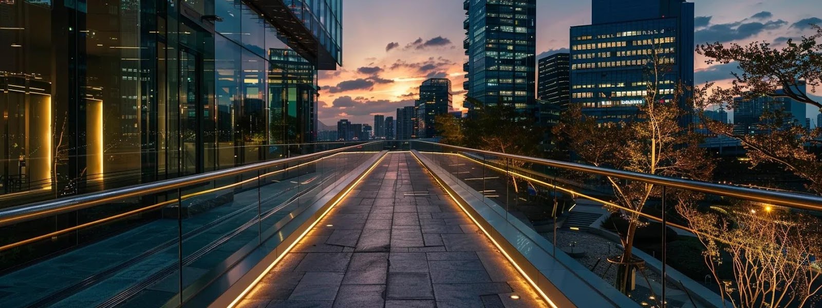 Modern urban walkway with glass railings, illuminated by LED lights, surrounded by skyscrapers at sunset, highlighting advanced architectural design and security features.