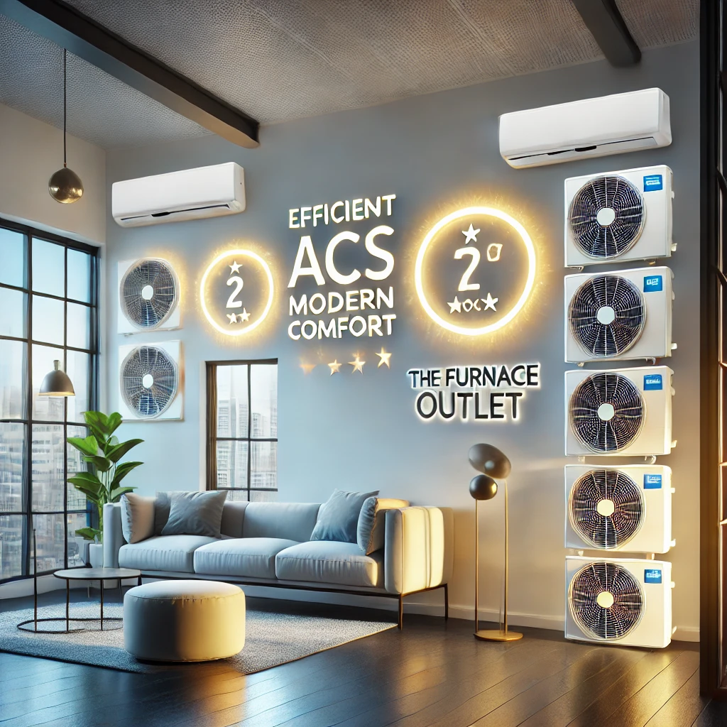 High-efficiency window and through-the-wall air conditioners installed in modern rooms with energy-efficient labeling and clean design.