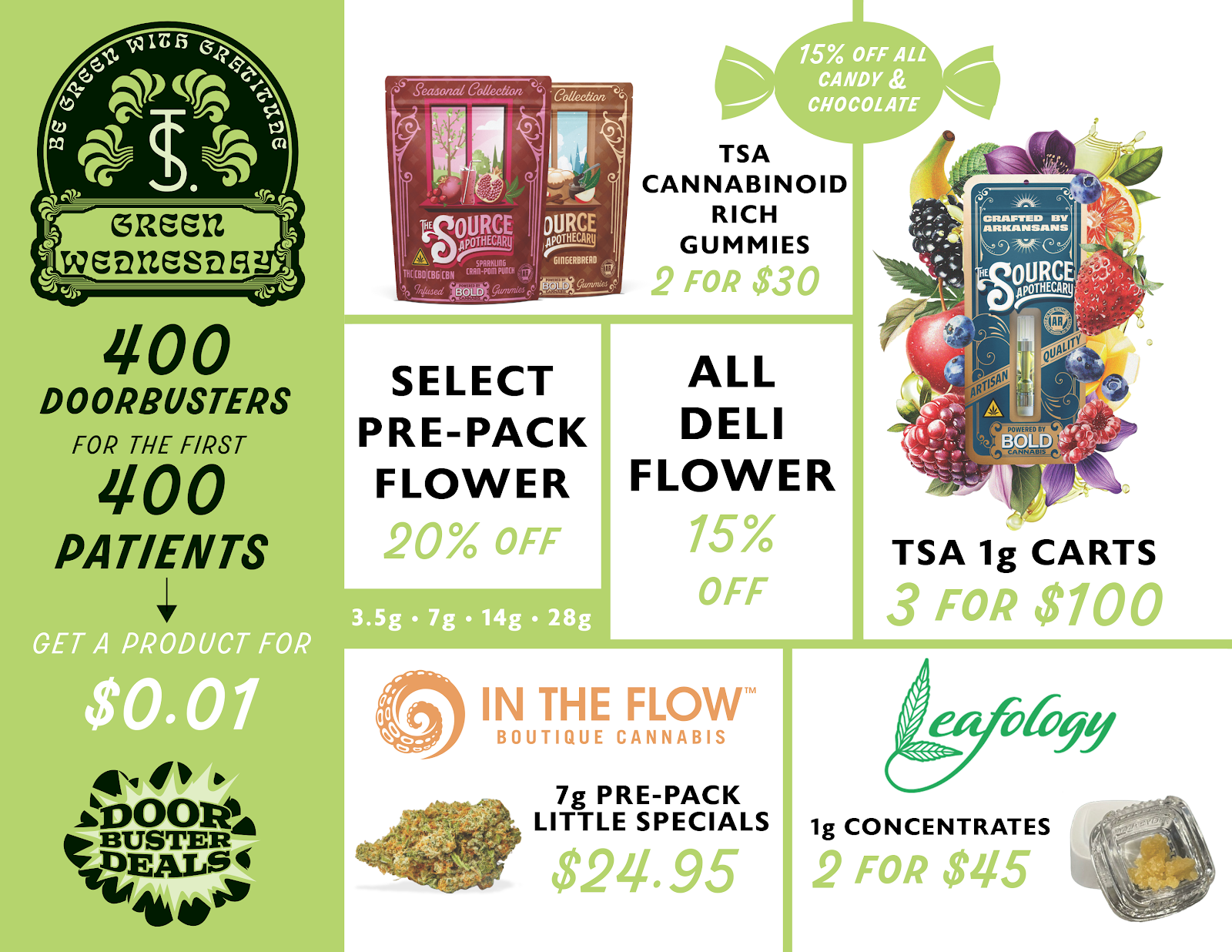 Cannabis dispensary promotional advertisement showing various deals and discounts, including sales on pre-packaged products, concentrates, and special offers for new customers. Features green and white color scheme with product images and pricing details.