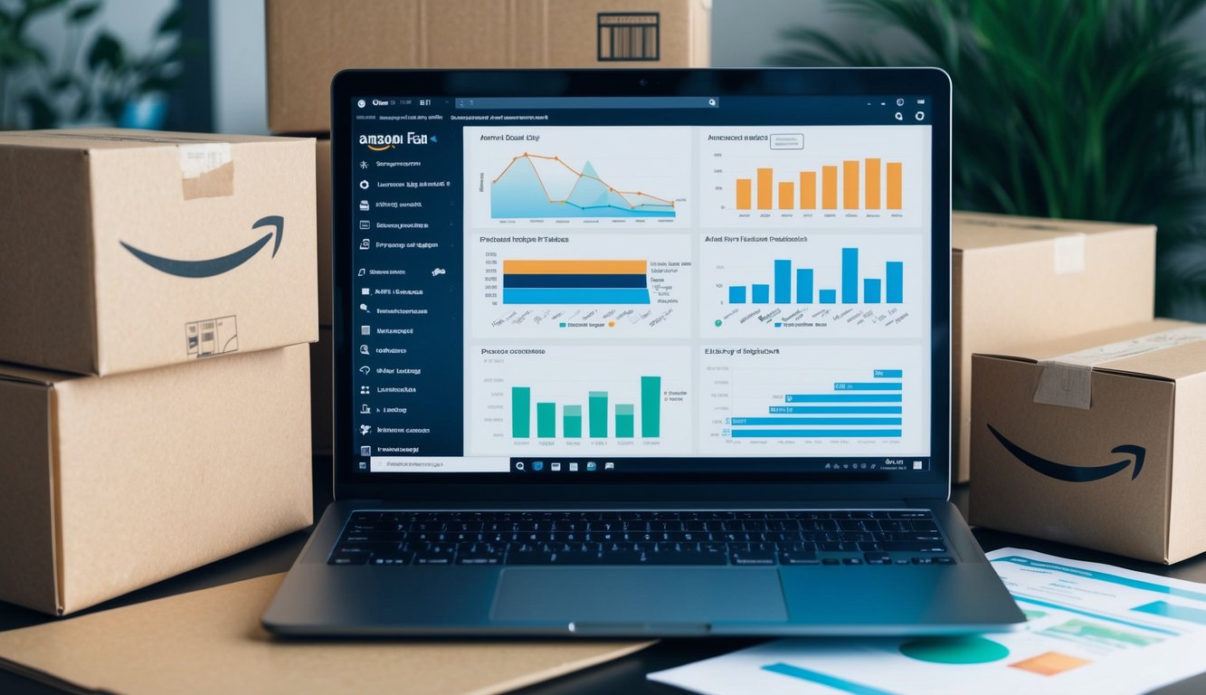 A laptop displaying Amazon FBA software with various graphs and data charts, surrounded by packaging materials and shipping boxes