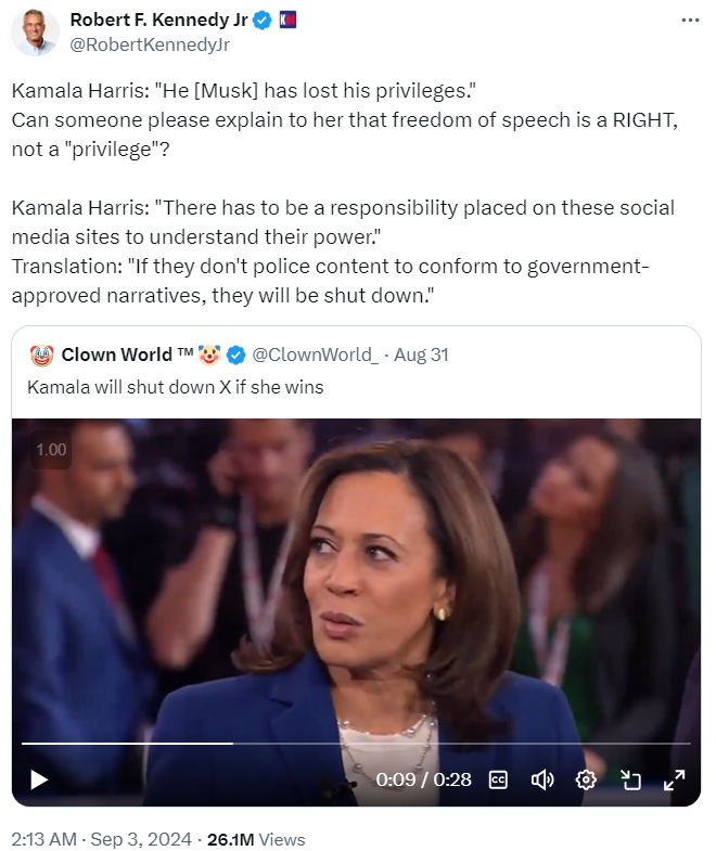 Kamala Harris: "He [Musk] has lost his privileges." Can someone please explain to her that freedom of speech is a RIGHT, not a "privilege"? 