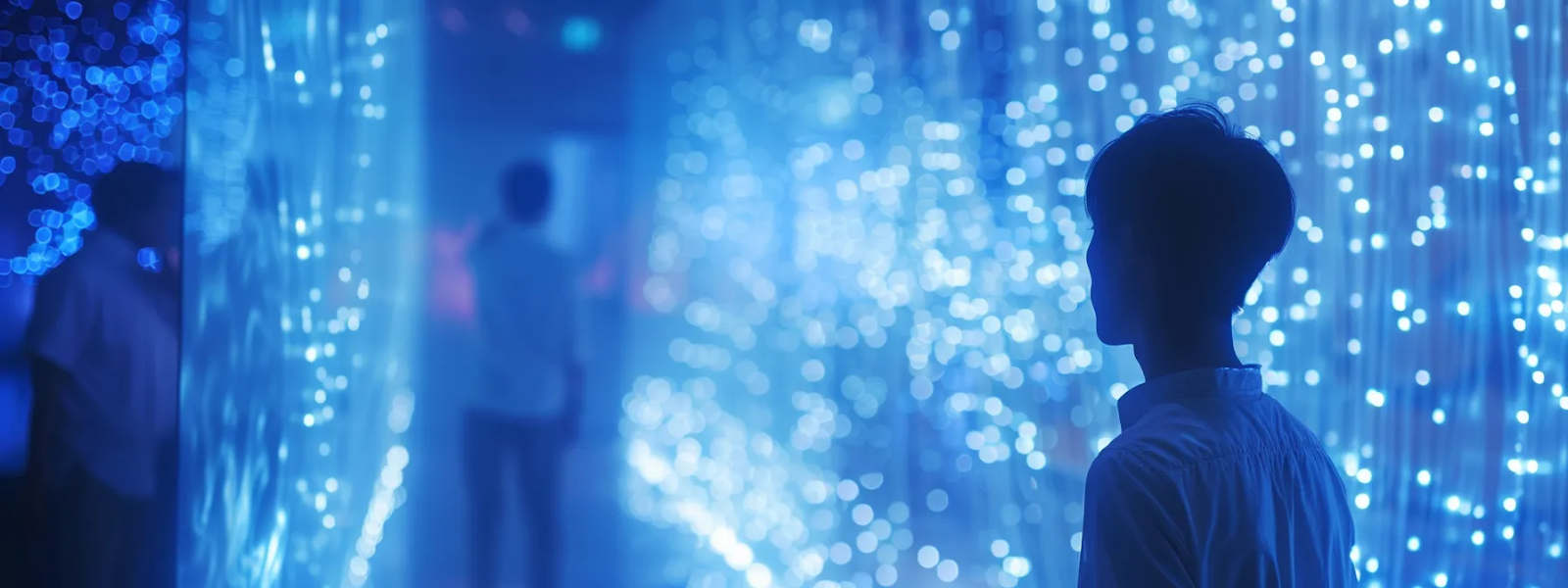 A man stands before a striking blue light tunnel, showcasing the enchanting glow and depth of the illuminated passage.