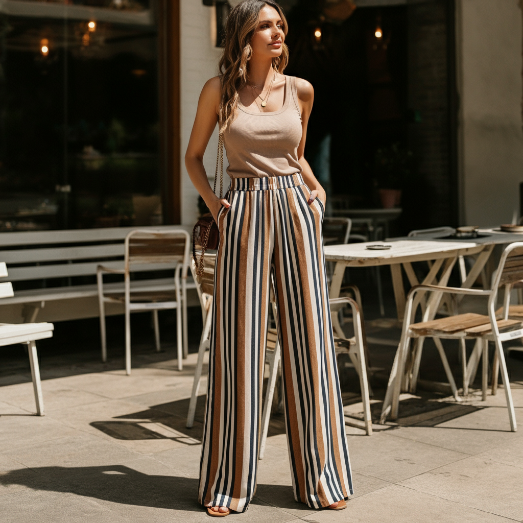 Striped wide-leg pants with tank top