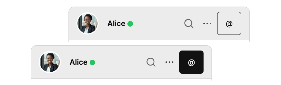 Two instances of a chat header with a mentions toggle button above one another. The top one has the toggle button gray and inactive. The bottom one has the toggle button is black and active.