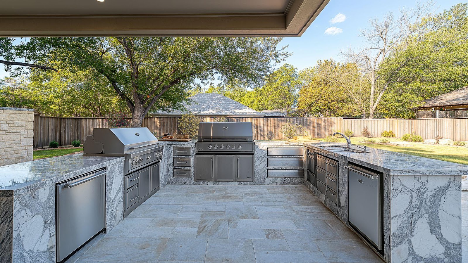 A large outdoor kitchen with stainless steel appliances

AI-generated content may be incorrect.