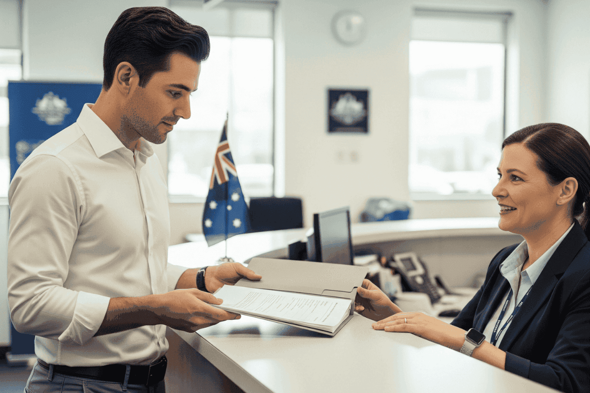 man submitting documents at the dfat office to be apostilled in australia 