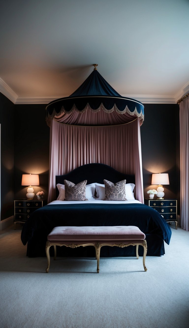 A dark, feminine bedroom with a luxurious velvet canopy bed