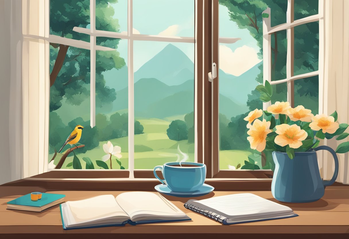 A cozy desk with an open journal, pen, and a cup of tea. A window shows a peaceful outdoor scene with trees and birds