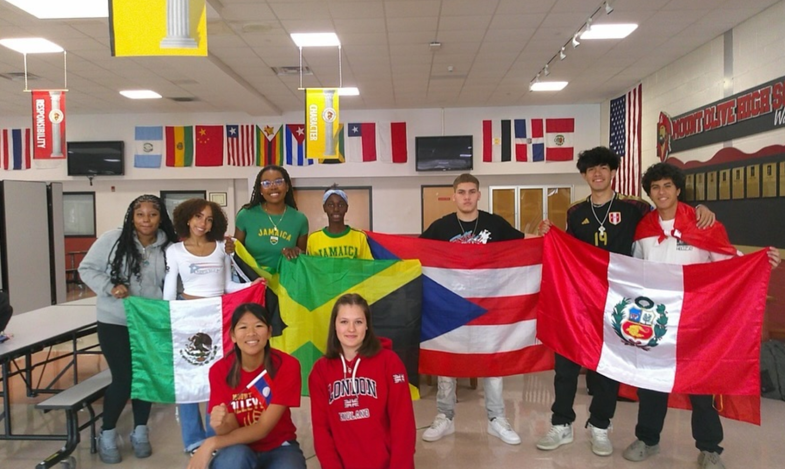 Students with flags from various countries