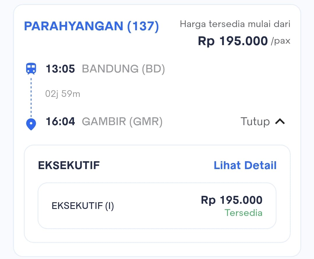 Harga Tiket KA Parahyangan (137) Bandung (BD) – Gambir (GMR)