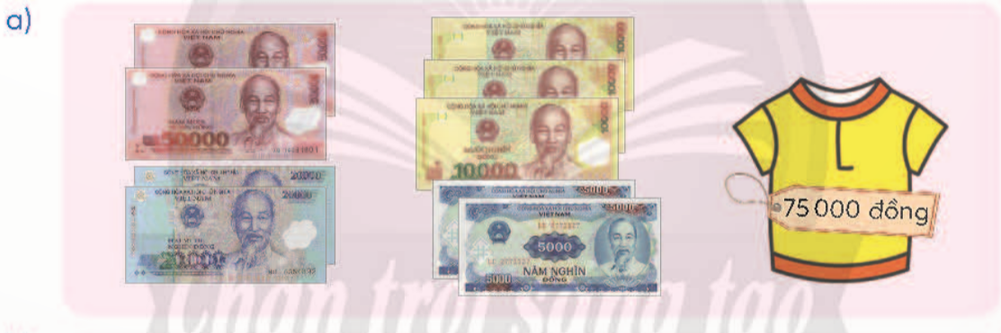 BÀI 35.TIỀN VIỆT NAMTHỰC HÀNHBài 1: Đọc số ghi trên mỗi tờ tiền để biết mệnh giá của mỗi tờ tiền. Giải nhanh:Mệnh giá của mỗi tờ tiền:Bài 2: Đọc chữ ghi trên mỗi tờ tiền sau để biết mệnh giá của các tờ tiền.Giải nhanh:Hai trăm nghìn đồng.Năm trăm nghìn đồng.Bài 3: Đếm rồi nói (theo mẫu)Giải nhanh:a) Mười nghìn đồng, hai mươi nghìn đồng, ba mươi nghìn đồng, bốn mươi nghìn đồng, năm mươi nghìn đồng, sáu mươi nghìn đồng, bảy mươi nghìn đồng.  Có tất cả bảy mươi nghìn đồng.b) Năm nghìn đồng, mười nghìn đồng, mười lăm nghìn đồng, hai mươi nghìn đồng, hai mươi lăm nghìn đồng, ba mươi nghìn đồng, ba mươi lăm nghìn đồng, bốn mươi nghìn đồng, bốn mươi lăm nghìn đồng, năm mươi nghìn đồng.  Có tất cả năm mươi nghìn đồng.c) Năm mười nghìn đồng, bảy mươi nghìn đồng, tám mươi nghìn đồng, chín mươi nghìn đồng, chín mươi lăm nghìn đồng, chín mươi bảy nghìn đồng, chín mươi chín nghìn đồng, một trăm nghìn đồng. Có tất cả một trăm nghìn đồng.Bài 4: Kiểm đếm số lượng các tờ tiền có trong bài 3.Giải nhanh:Loại tiền50000 đồng20000 đồng10000 đồng5000 đồng2000 đồng1000 đồngSố tờ1 tờ1 tờ9 tờ11 tờ2 tờ1 tờ LUYỆN TẬPBài 1:Nếu có 50 000 đồng thì em mua được những đồ vật nào dưới đây?Giải nhanh:50 000 đồng có thể mua được :Hộp bút chì màu, búp bê, truyện cổ tích, đồ chơi công chúa, viết chì, đồ gọt bút chì, xe đồ chơi, đồ nhảy dây.Bài 2: Giá tiền 1 kg cà chua 17 000 đồng. Với số tiền 50 000 đồng, mẹ có thể mua được 2 kg cà chua không?Giải nhanh:2 kg cà chua có giá là: 17 000 x 2 = 34 000 đồng < 50 000 đồng Vậy với số tiền 50 000 đồng, mẹ có thể mua được 2 kg cà chua.VUI HỌC