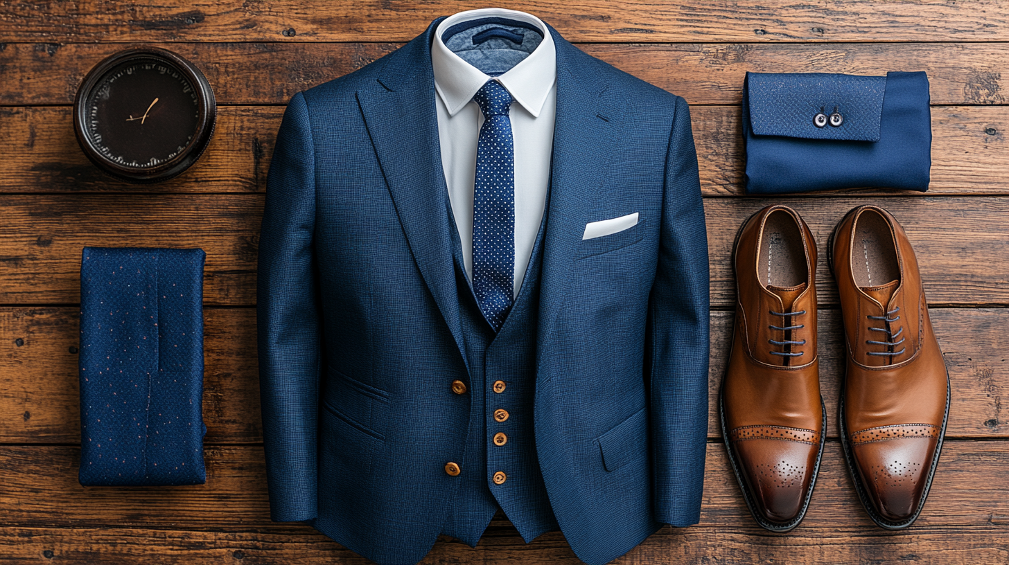 A well-tailored navy suit, paired with a crisp white dress shirt, navy tie, and polished leather shoes, neatly arranged on a textured wooden surface. The deep blue of the suit contrasts elegantly with the natural texture of the wood, creating a refined and timeless look, perfect for formal weddings.