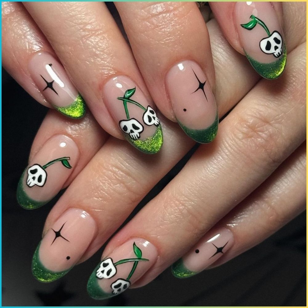 Close up of nails with spooky nails having Spooky Cherry Skull Nails