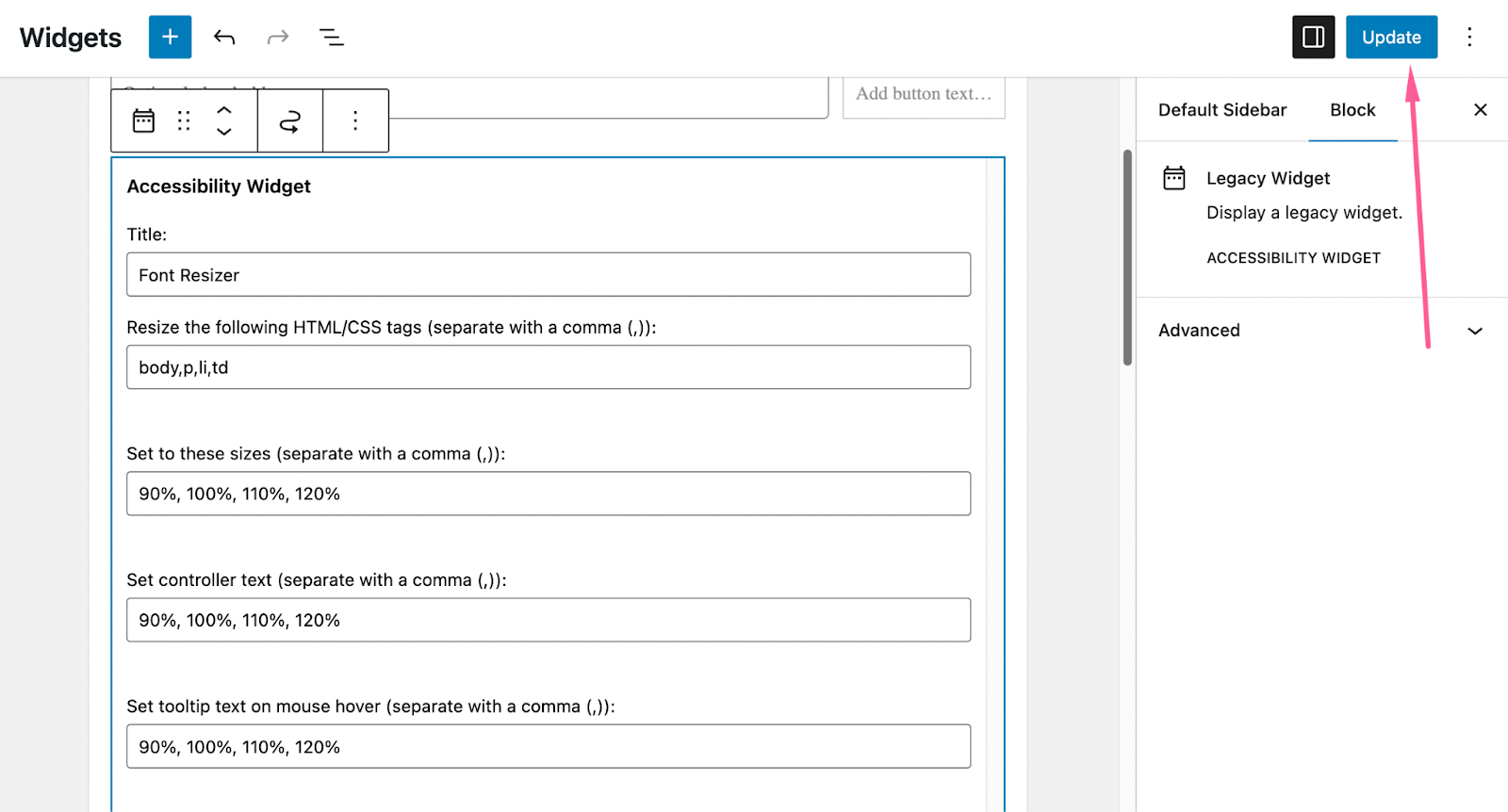 Presionando el botón "Actualizar" después de editar widgets de WordPress