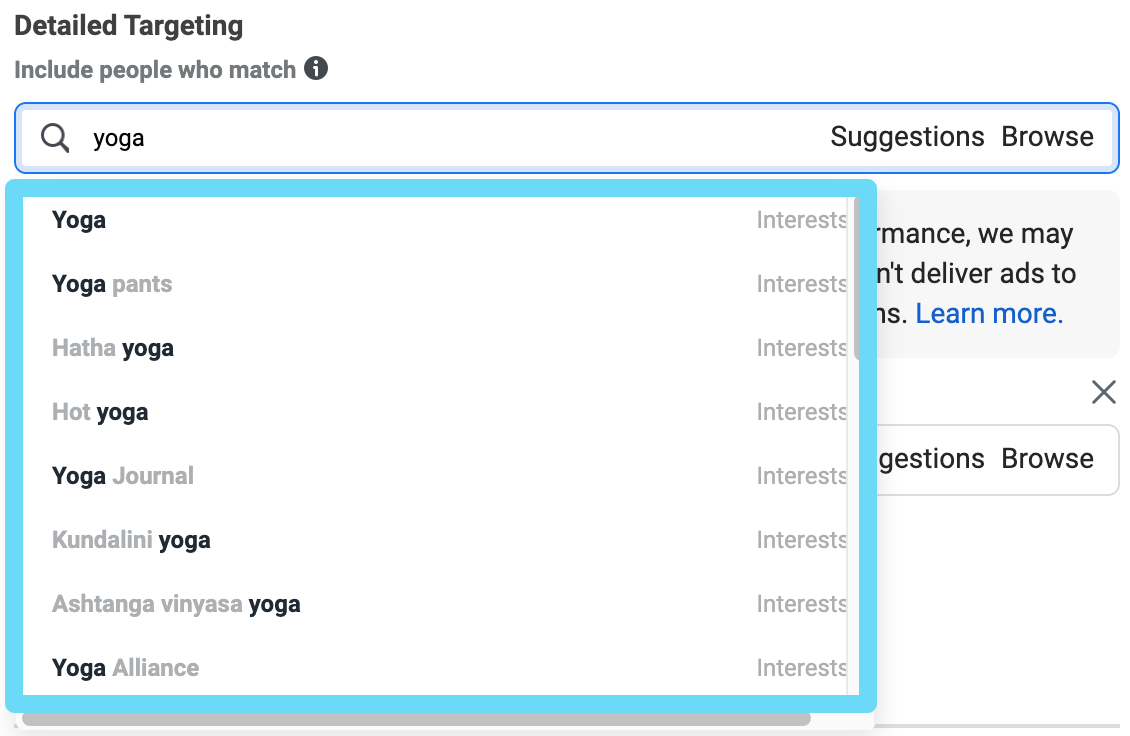 Facebook Ads search results for yoga audiences