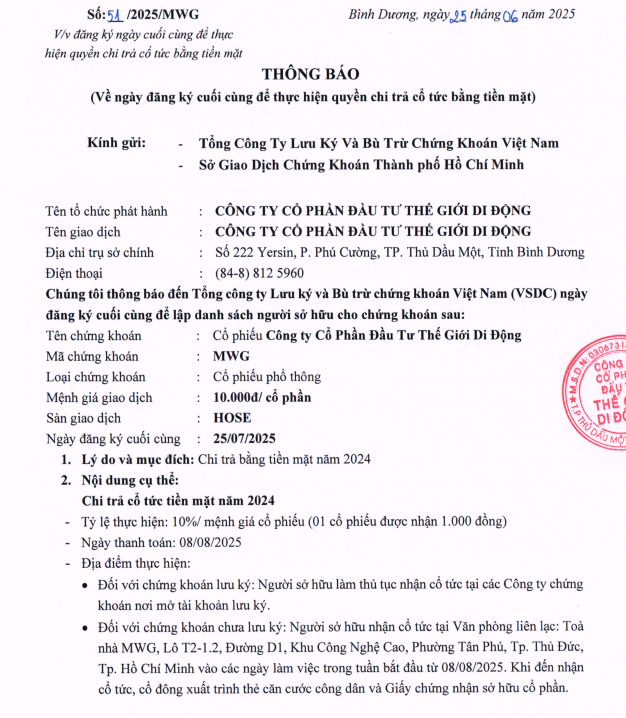 MWG thông báo ngày ngày chốt danh sách cổ đông thực hiện chi trả cổ tức năm 2024 (Nguồn: MWG)
