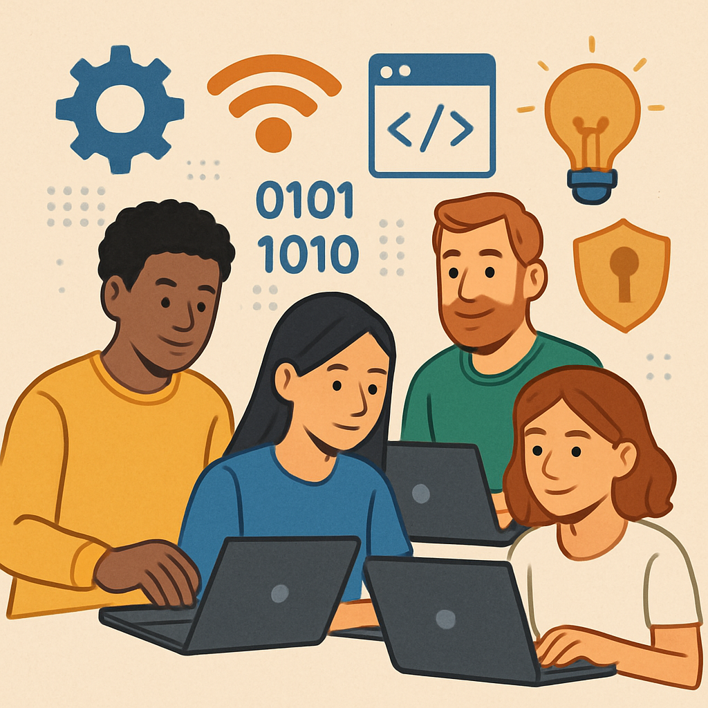 A diverse group of people working on laptops, surrounded by tech-related symbols