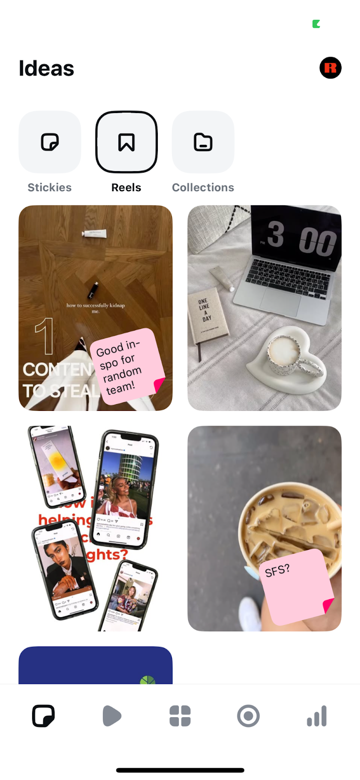 Screenshot of the ideas tab on Edits, showing a few saved posts with pink sticky notes 