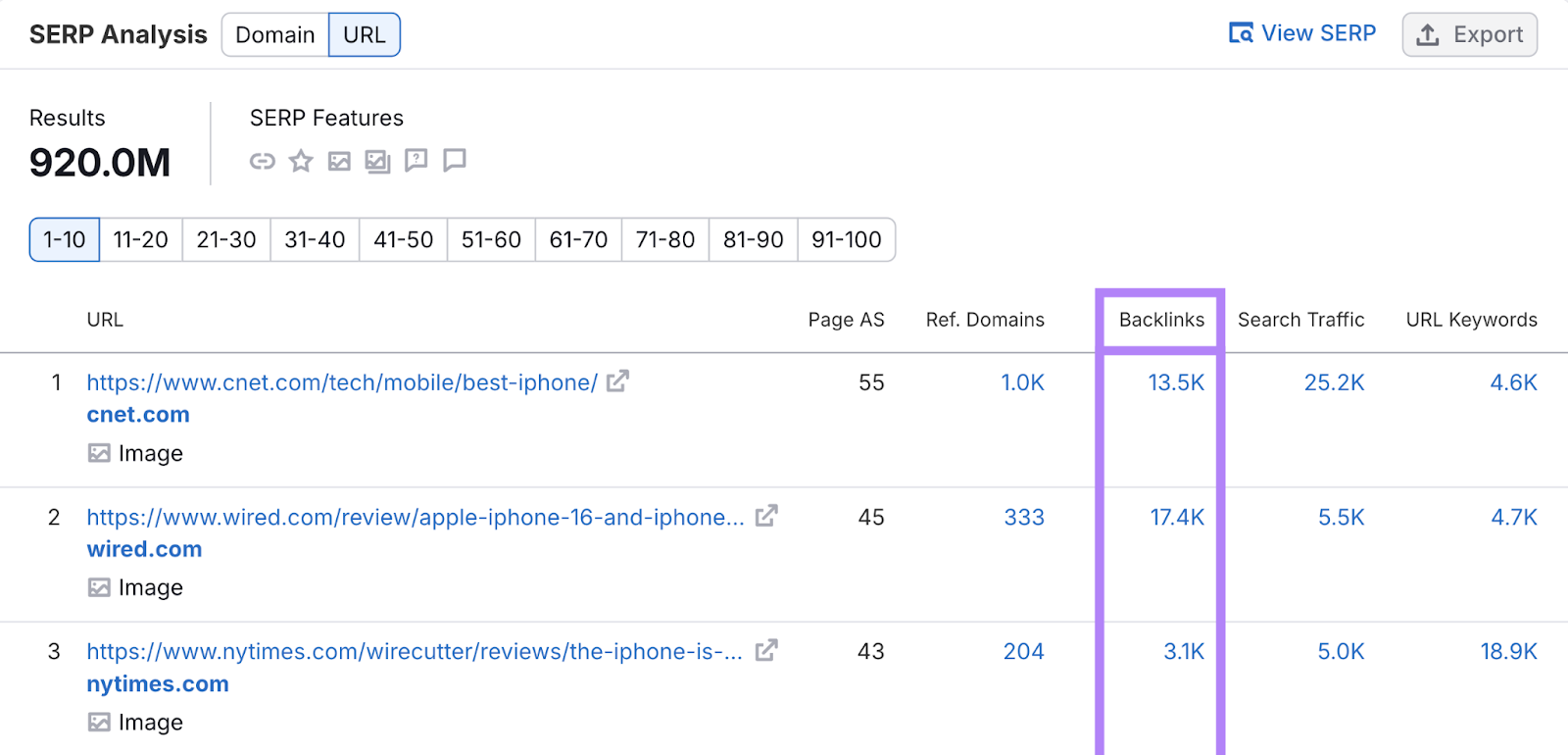 backlinks column highlighted
