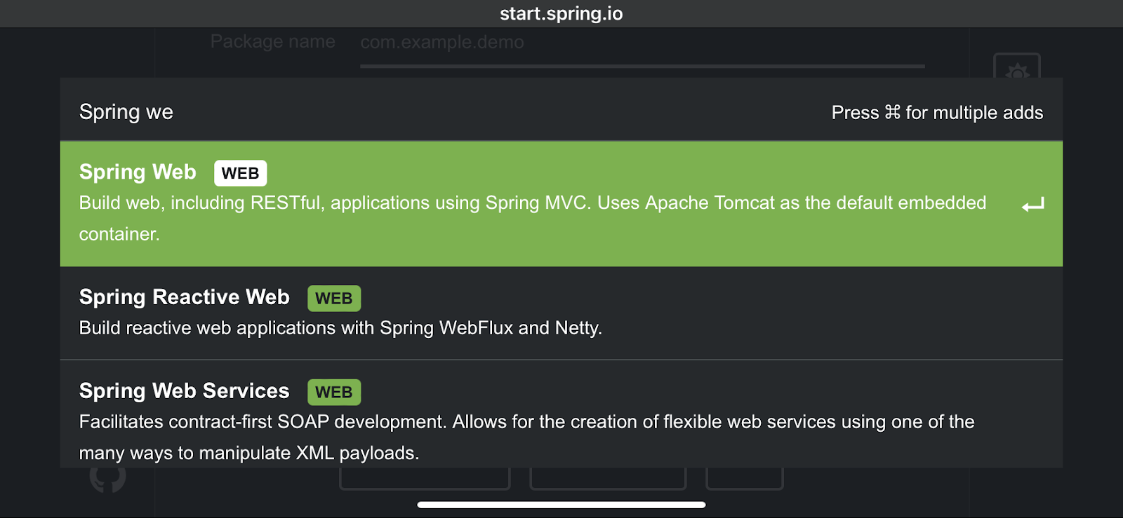 Image showing how to choose dependencies for a Spring Boot project from the Spring Initializer website