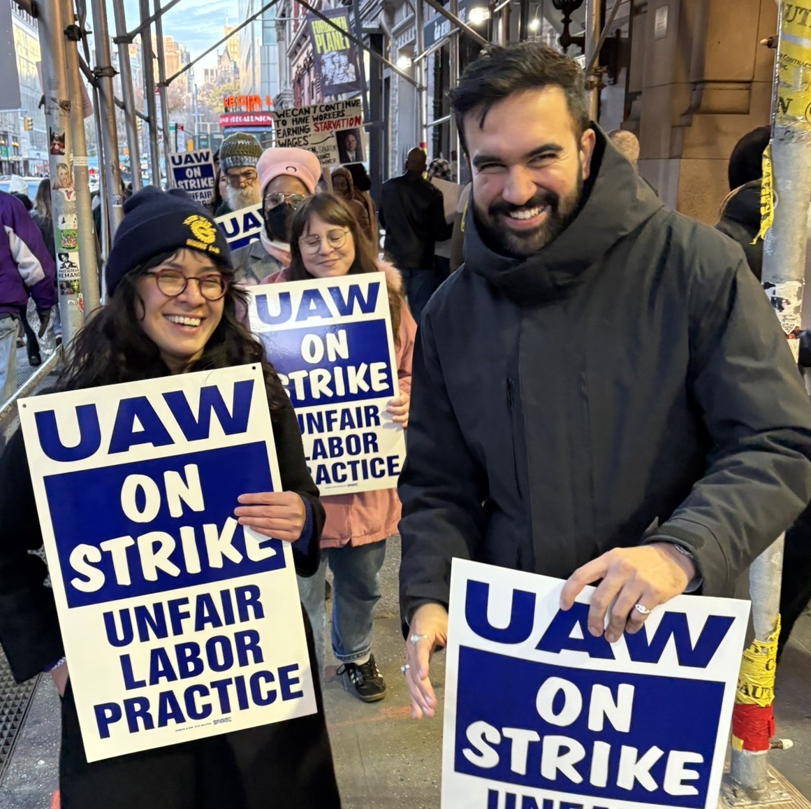 Zohran with picketing UAW workers