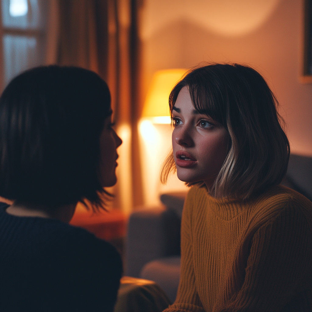 Two nervous women talking | Source: Midjourney