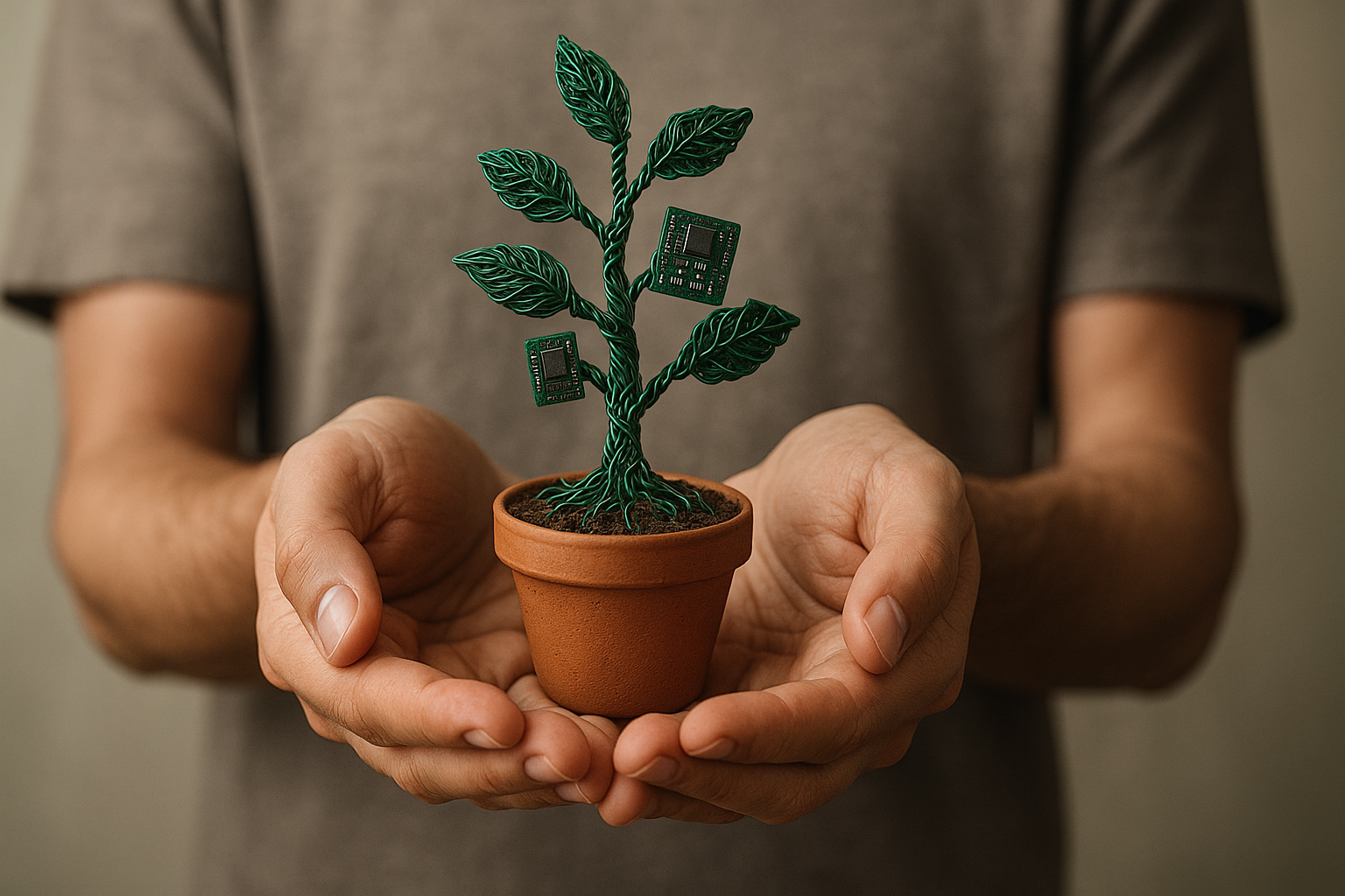  Close-up of hands holding a potted plant made of wires and circuit boards, symbolizing organic growth and self-funded tech startups in a resourceful environment.