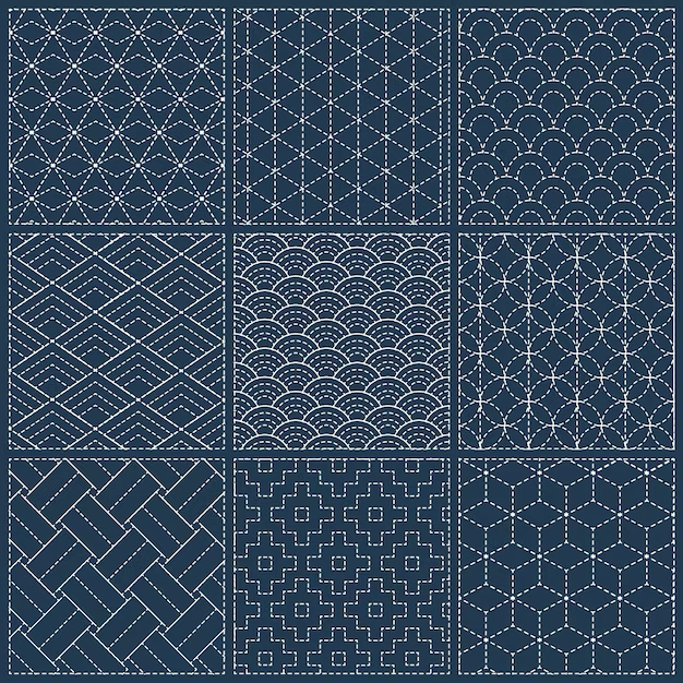 Premium Vector | Sashiko seamless indigo dye pattern with traditional white Japanese  embroidery