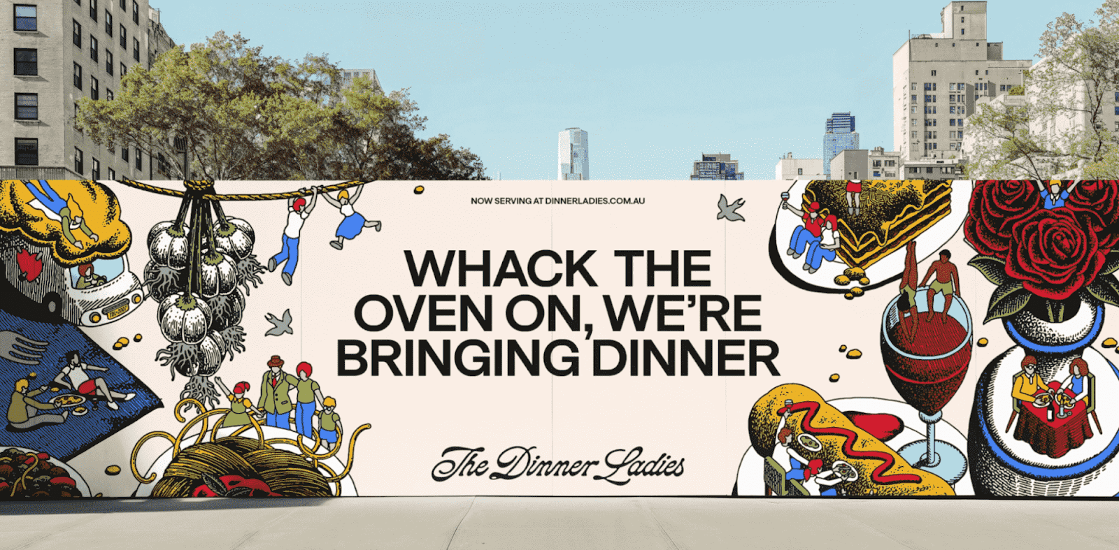 Colorful illustrated street billboard for The Dinner Ladies