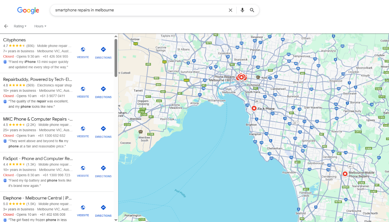 List of businesses in Google Local SEO results