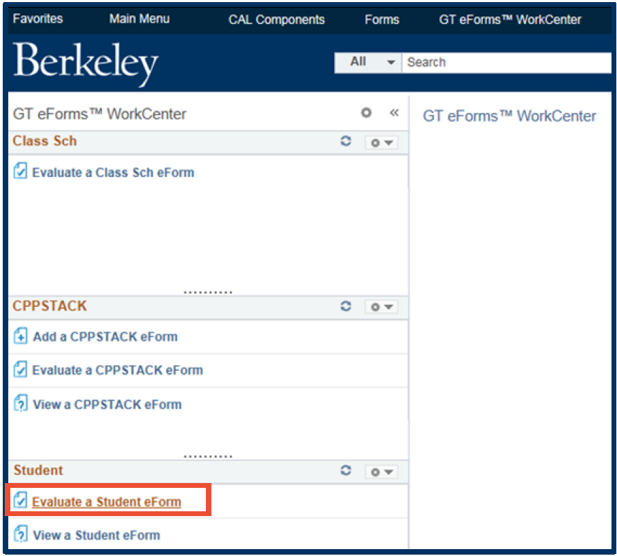 Evaluate a Student eForm link under Student emphasized with red box highlight.