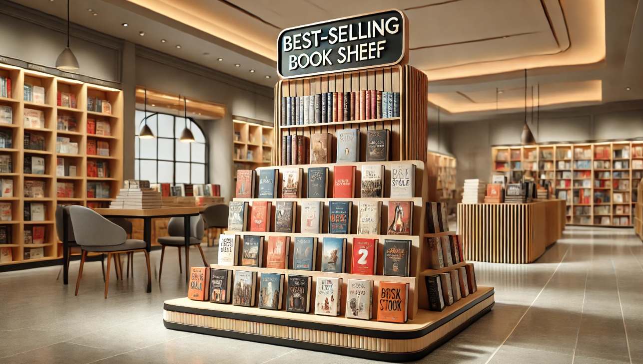 "A modern and well-lit bookstore featuring a central display labeled 'BEST-SELLING BOOK SHEEF.' The display showcases multiple best-selling books arranged neatly on angled shelves. The store has a warm ambiance with wooden bookshelves lining the walls, pendant lighting, and cozy seating areas with tables and chairs. The background includes additional bookshelves and a checkout counter, creating an inviting atmosphere for book lovers.