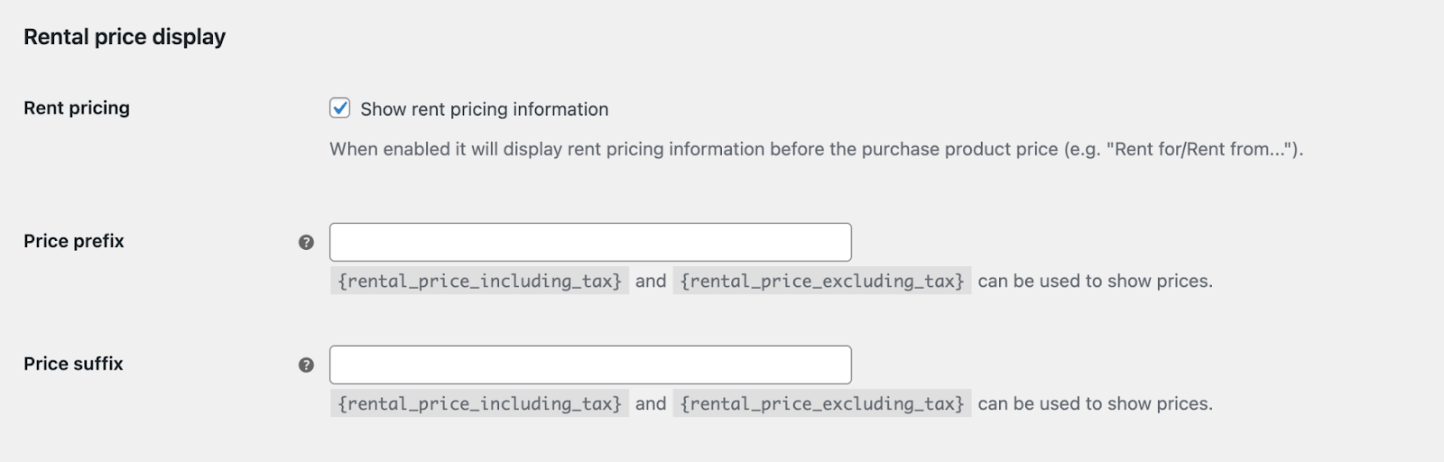 Configuring settings for rental price display in WooCommerce rental products