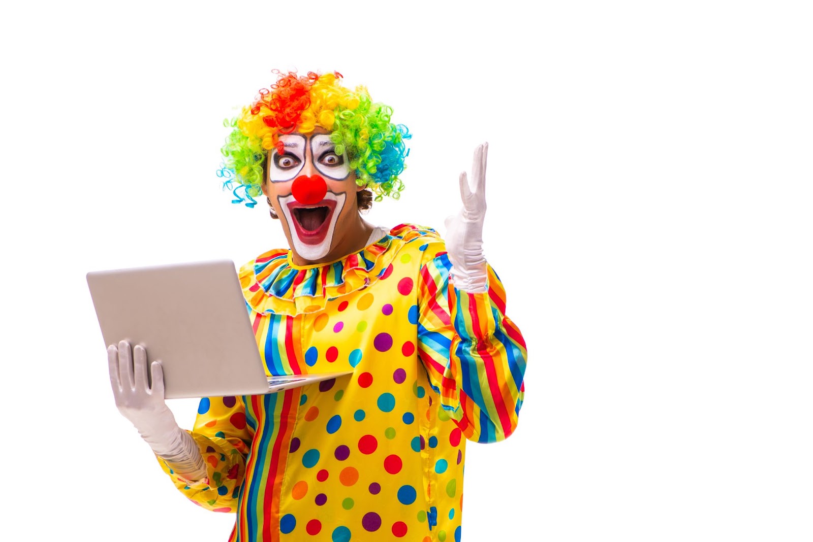 (A clown in a colorful costume and wig holds a laptop, appearing surprised or excited, embodying the unsung heroes who bring joy and laughter to our digital age.)