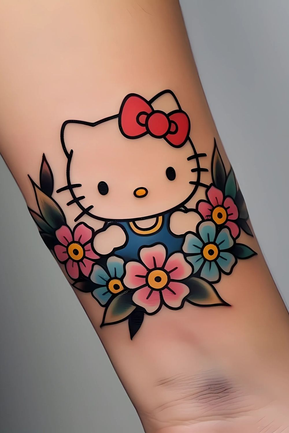Hello Kitty Surrounded by Flowers Tattoo