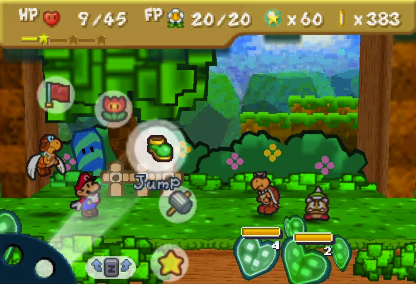 A combat scene from Paper Mario against a goomba and a koopa