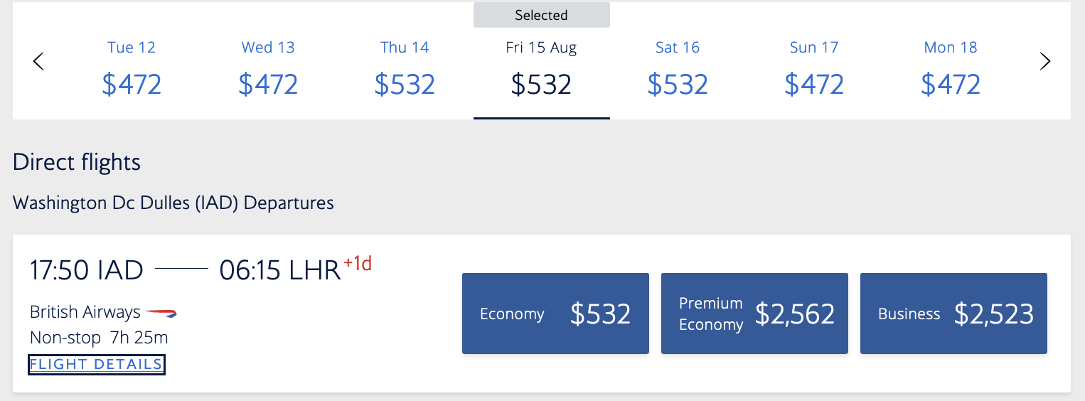 cash cost of IAD to LHR