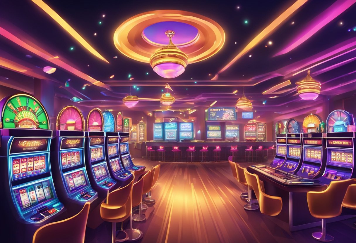 A colorful casino with slot machines, card tables, and sports betting screens. Bright lights and a lively atmosphere fill the room