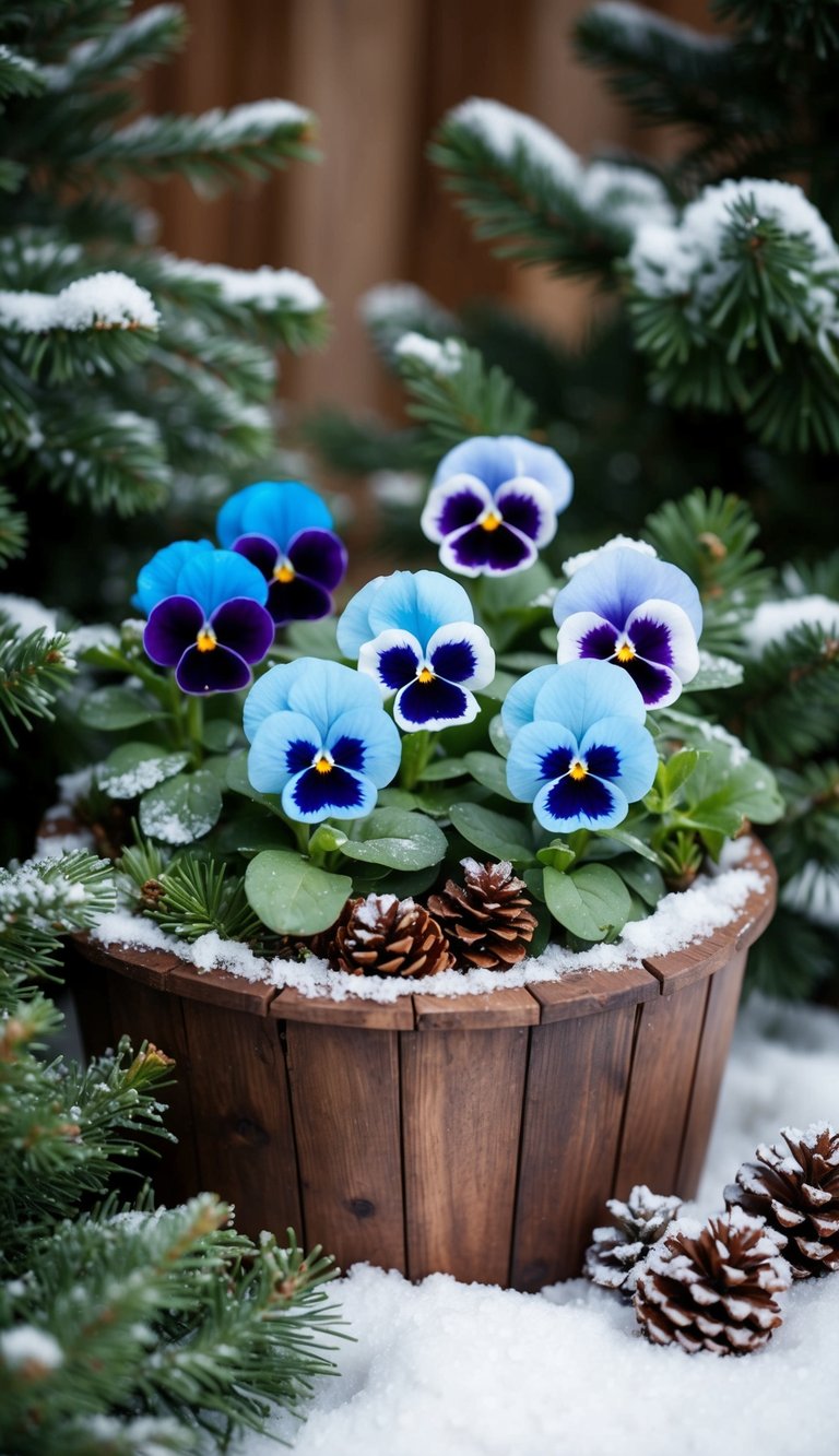 A rustic wooden planter filled with vibrant icy blue pansies nestled among evergreen branches and snow-dusted pinecones