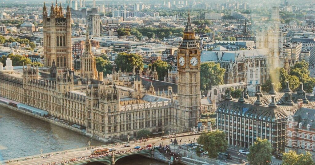 An aerial shot of the Westminster Abbey with Big Ben prominently featured.