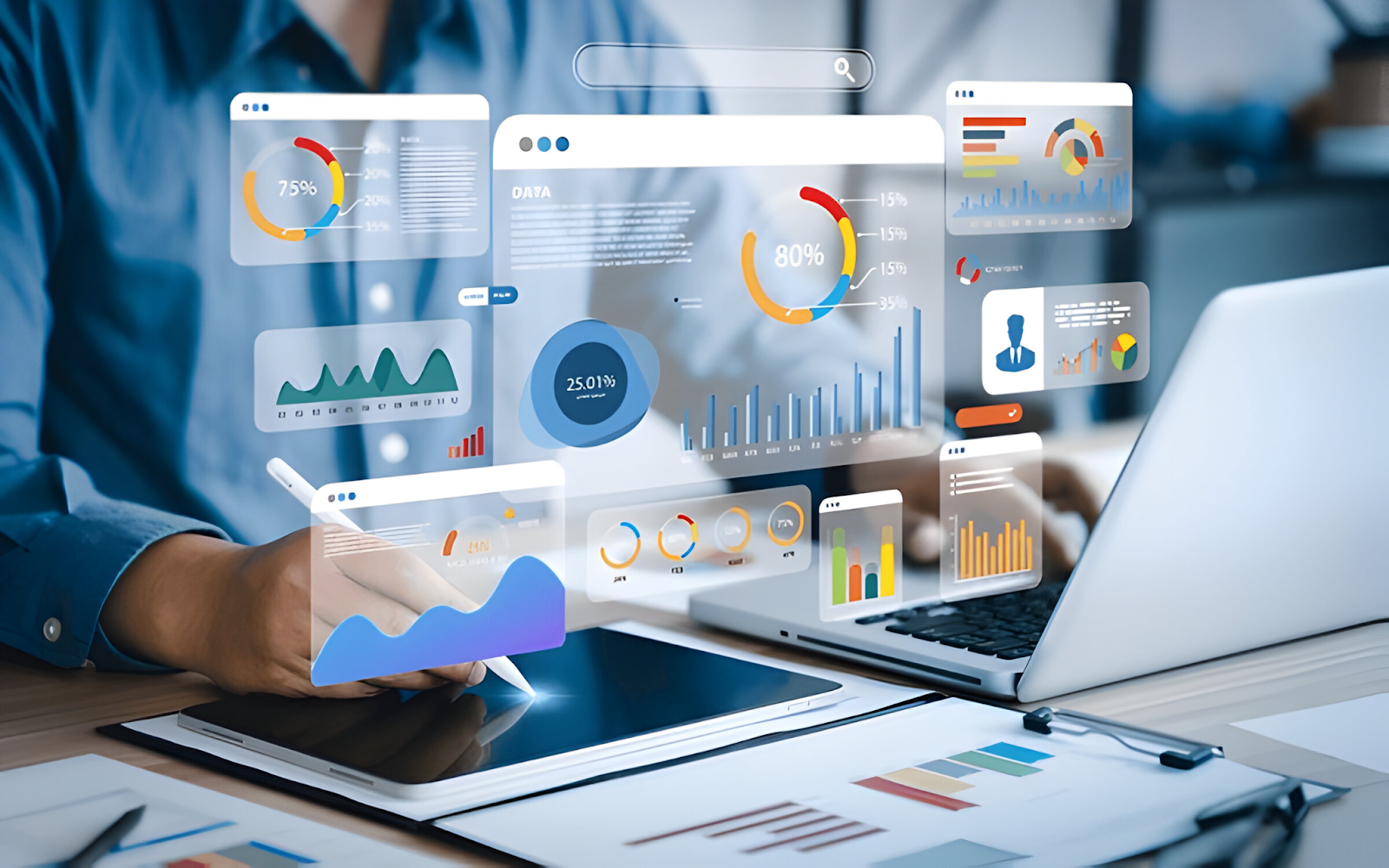 Business professional using a tablet and laptop surrounded by digital analytics dashboards, symbolizing the evaluation of technology use in business operations and decision-making.